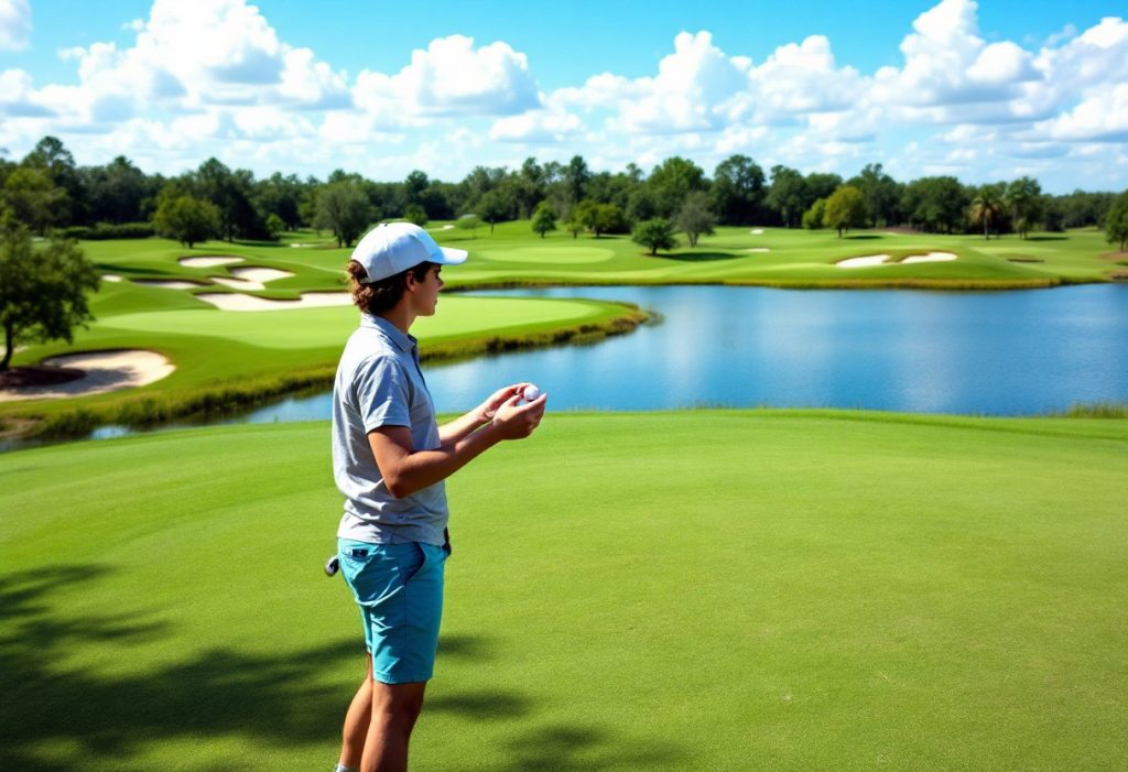 A golfer standing by a scenic water hazard admiring the lush course.