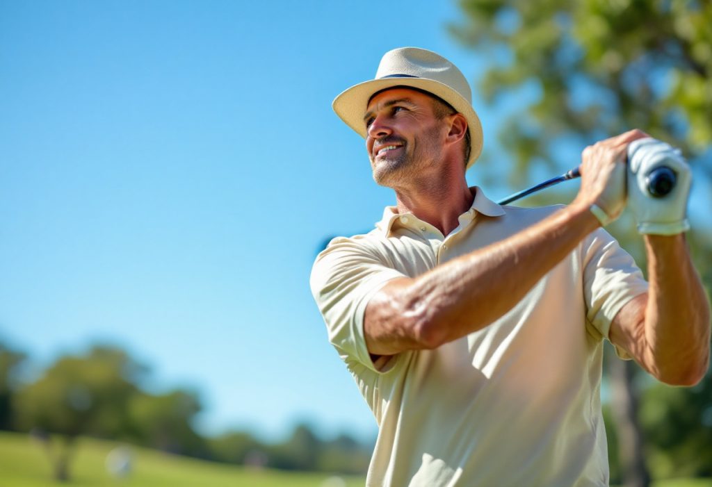 A golfer swinging with determination, wearing a stylish sun hat.