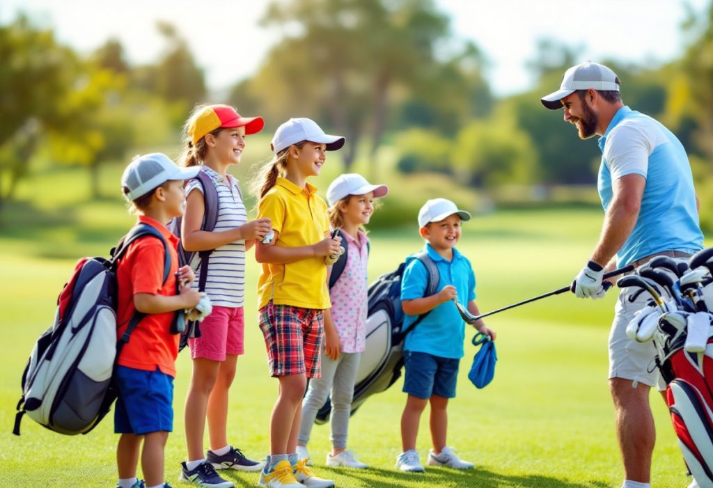 A group of kids excitedly learning golf from an instructor.