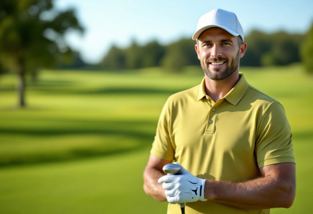 A smiling golfer in a yellow shirt holding a club on the green.