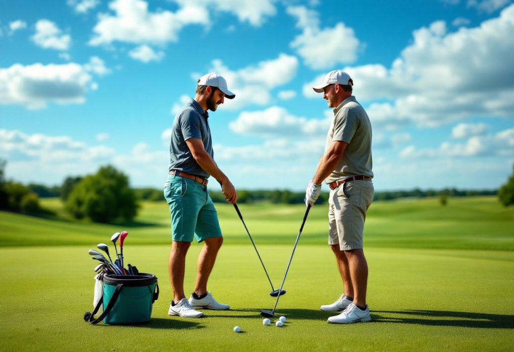 Two golfers discussing swing techniques on a green course, holding their clubs.