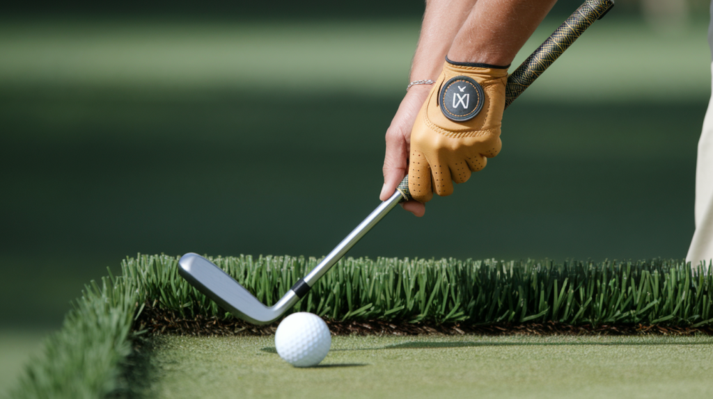 Close-up of a golfer preparing to chip from tight Bermuda grass, demonstrating effective chipping and pitching techniques for Florida turf conditions.
