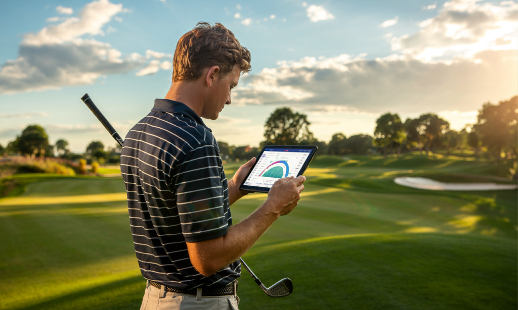 Golfer analyzing performance data on a tablet, showcasing the use of Essential Golf Apps Every Golfer Should Use.