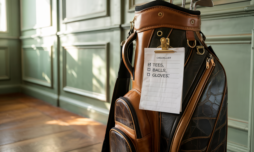 Close-up of a golf bag with a checklist for tees, balls, and gloves, highlighting key equipment essentials every golfer should pack.