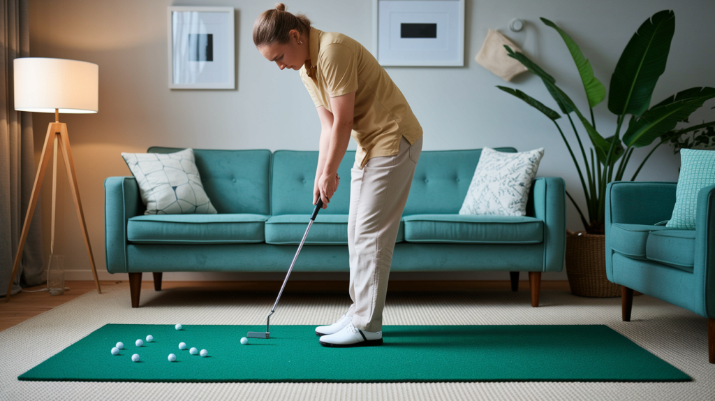 Golfer practicing putting drills on an indoor mat in a living room, ideal for home-based golf training and improving putting consistency.