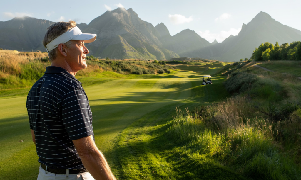 Senior golfer surveying a mountain course, illustrating how altitude and elevation impact ball flight distance and shot accuracy.