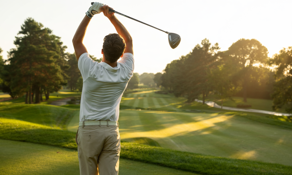 Golfer completing a follow-through stretch on a sunny fairway to support pre-game flexibility and post-game recovery.