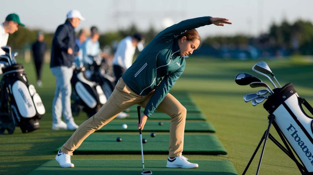 A golfer stretches with a club in hand, preparing for play—highlighting the value of golf warm-up routines.