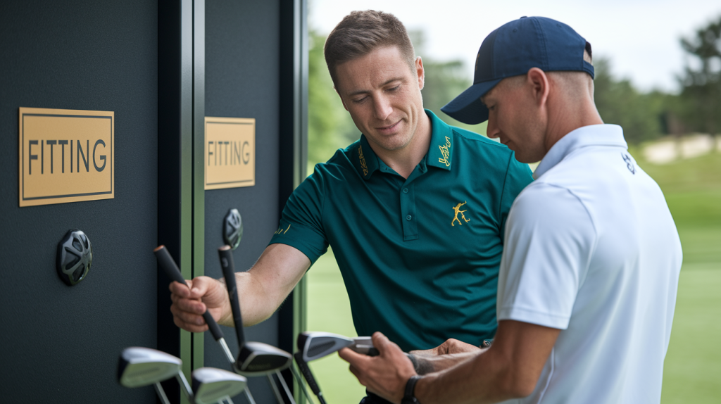 A club fitting session shows two players evaluating equipment, guiding how to choose the right golf clubs.