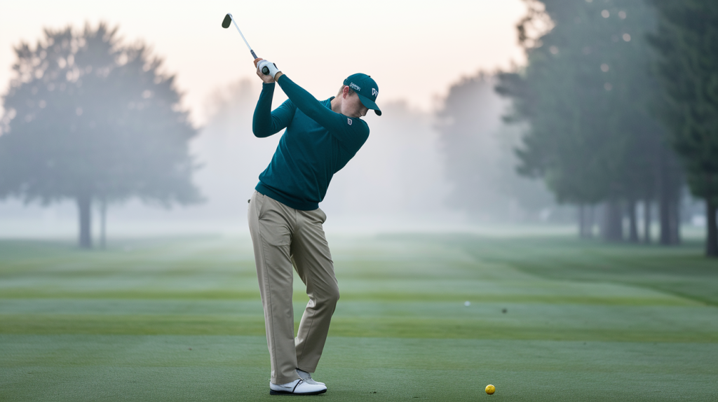 A golfer maintains intense focus during an early morning swing, illustrating mental discipline and concentration — ideal for content on how to stay focused on the golf course.