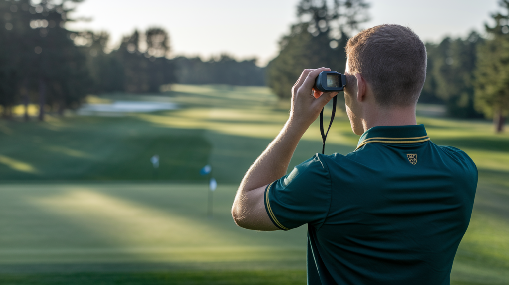 A golfer uses a rangefinder to analyze the course layout — a perfect visual for guides on how to strategize each hole like a pro, emphasizing smart play and decision-making.