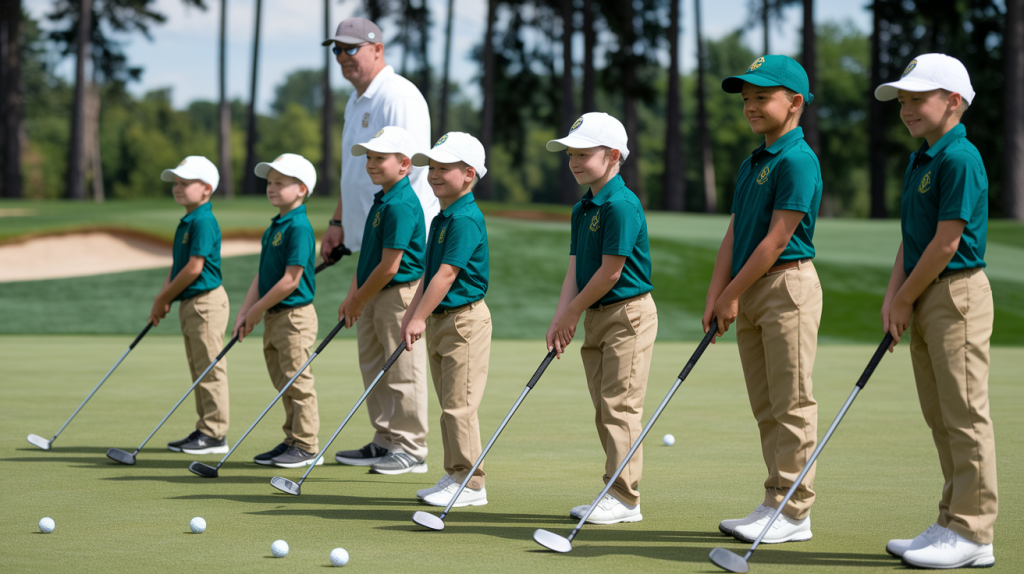 Young players line up on the green under the guidance of a coach—perfectly depicting junior golf programs.