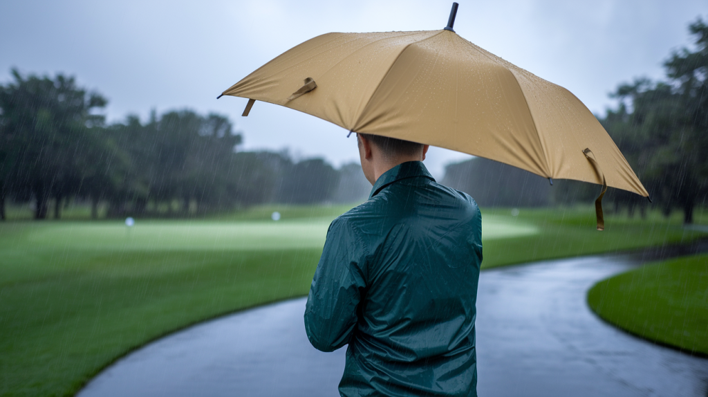 A golfer stands under an umbrella during rainfall on a course, capturing the unpredictable Florida golf weather.