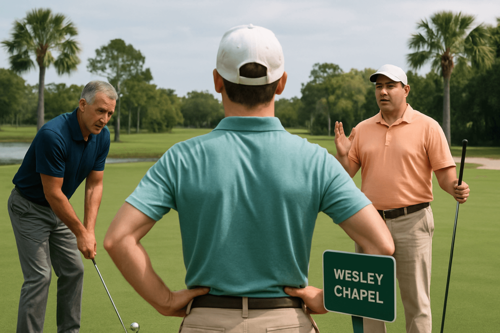 Golfers in a coaching session, discussing technique on the course next to a Wesley Chapel sign.