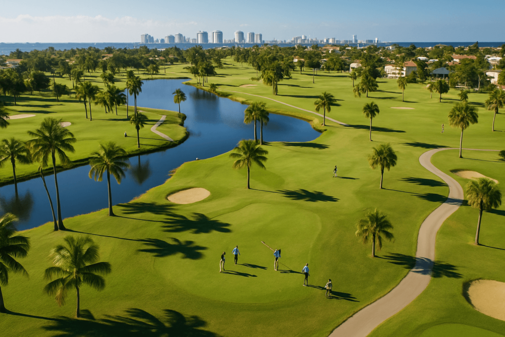 Aerial view of a golf course with palm trees, water features, and city skyline in the background.
