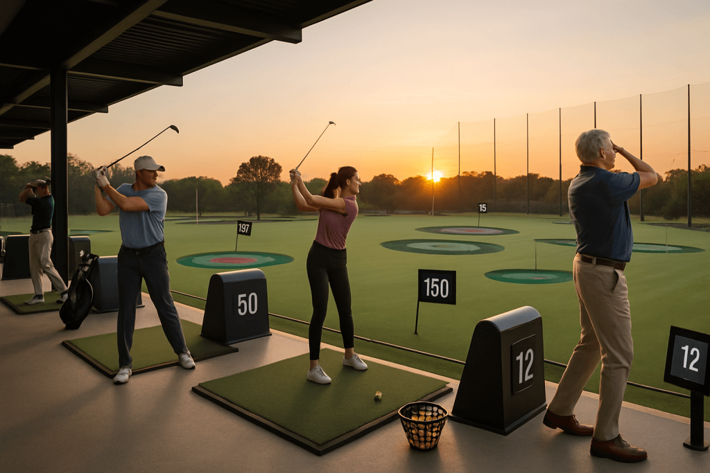 Golfers practicing their drives at a range during sunset, aiming at distance markers.
