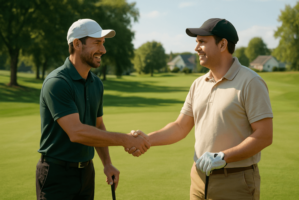 Two men in golf attire shaking hands on a sunny golf course, smiling after a game.