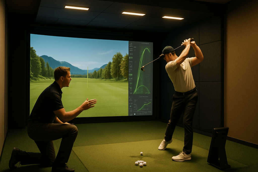 Golfer using a simulator while a coach gives advice with digital swing analysis on screen.