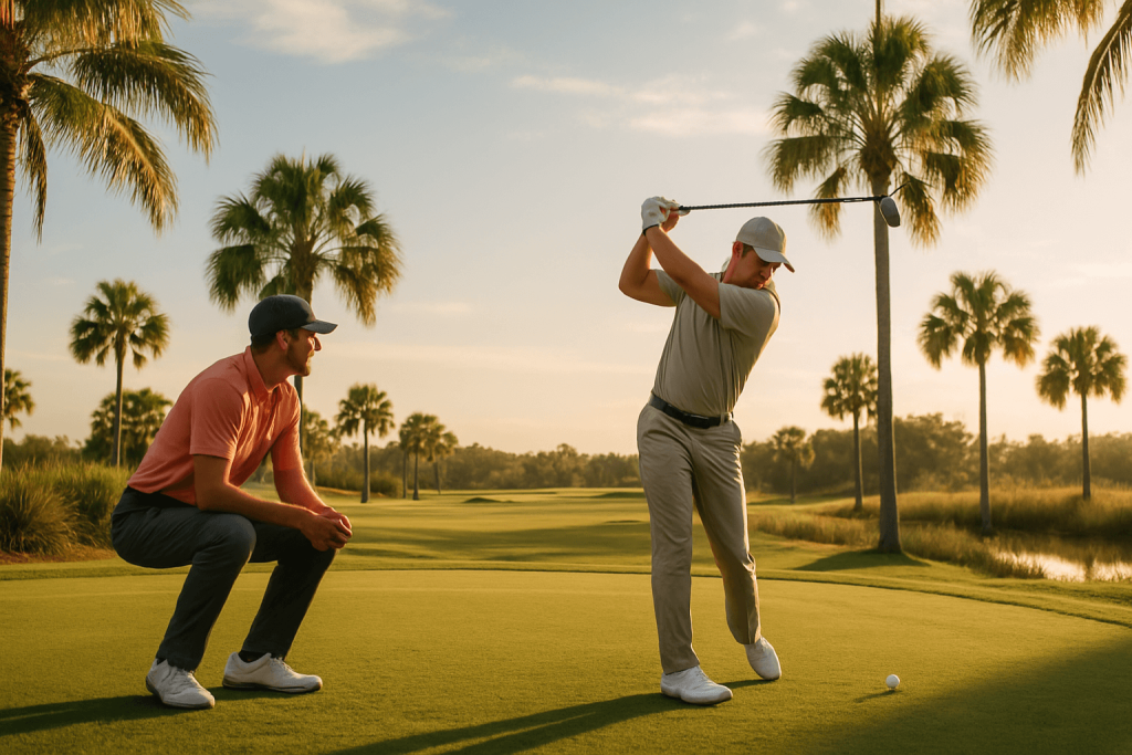 Golfer mid-swing on a palm-lined course while another watches closely at sunset.