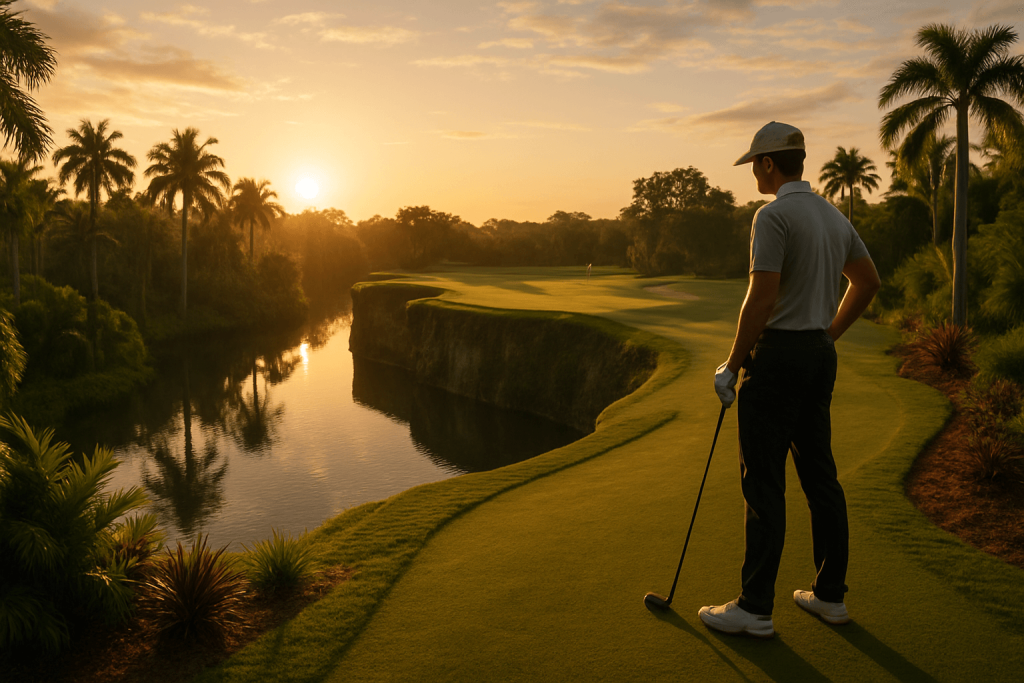 Golfer stands on a scenic bluff overlooking a calm river and green, bathed in golden sunset light.