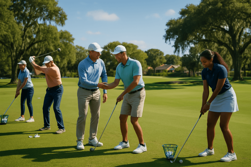 Group of golfers receiving instruction on the fairway during a sunny afternoon.