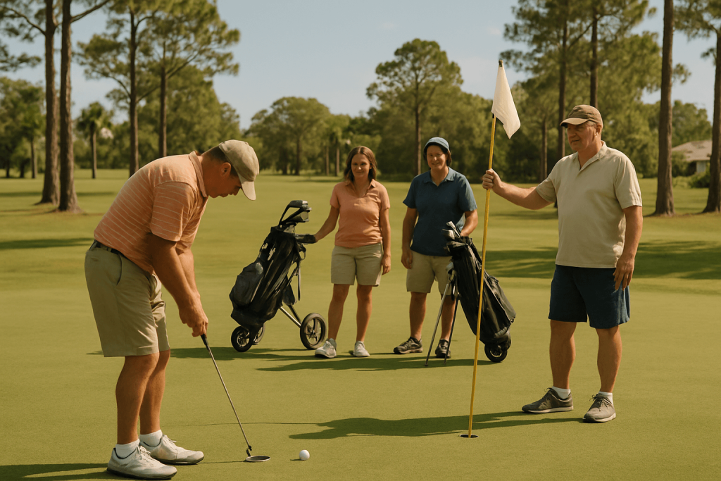 Group of casual golfers watching a player sink a putt on a bright afternoon.
