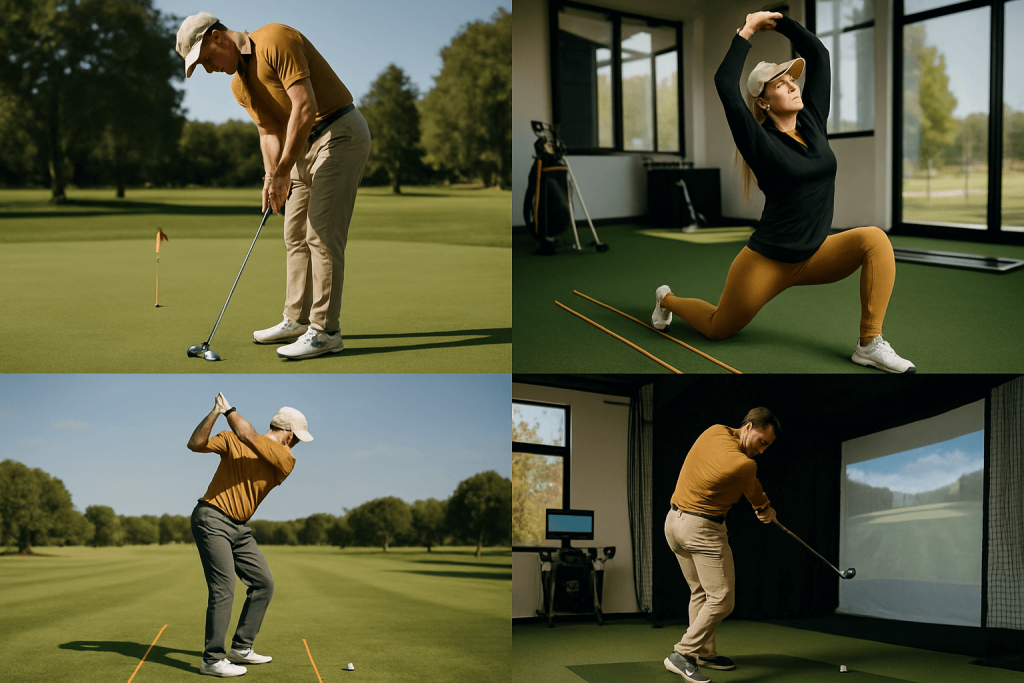 Collage of golf training activities: putting, stretching, driving, and simulator practice.