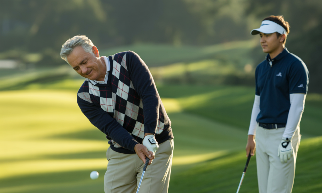 An older golfer chips confidently, showing the joy of golf and aging gracefully.