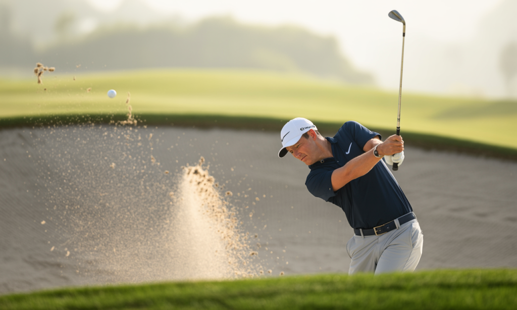 Sand explosion as the ball lifts reveals excellent control over golf ball spin.