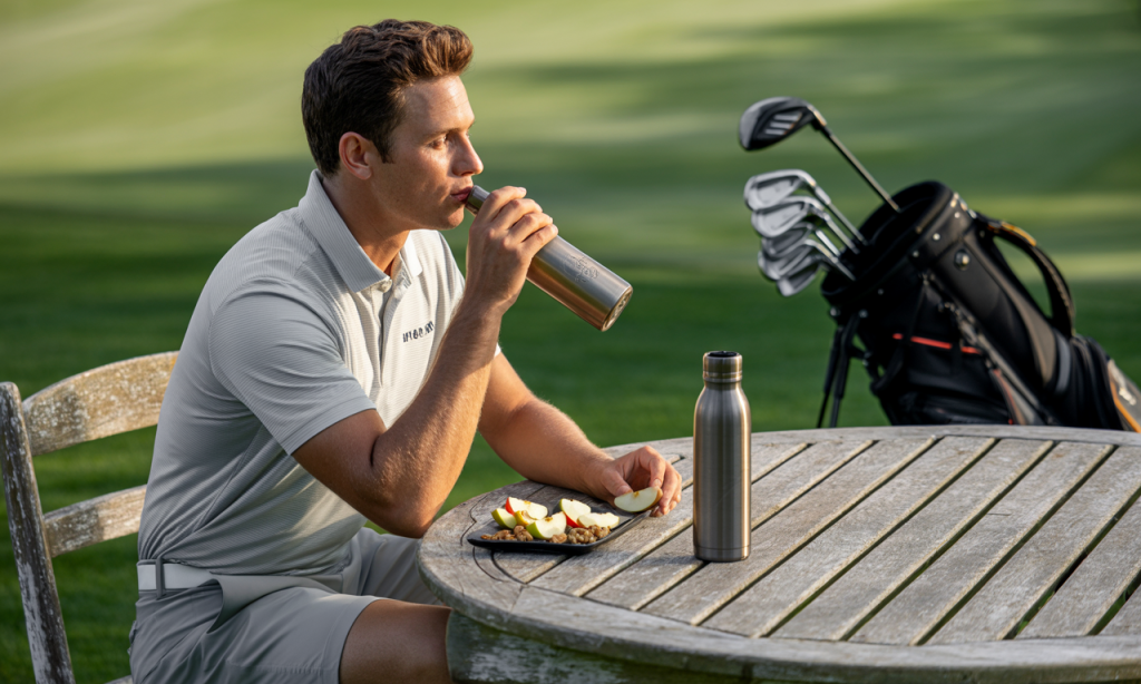 Fueling up with fruit and water, the golfer focuses on proper golf nutrition.