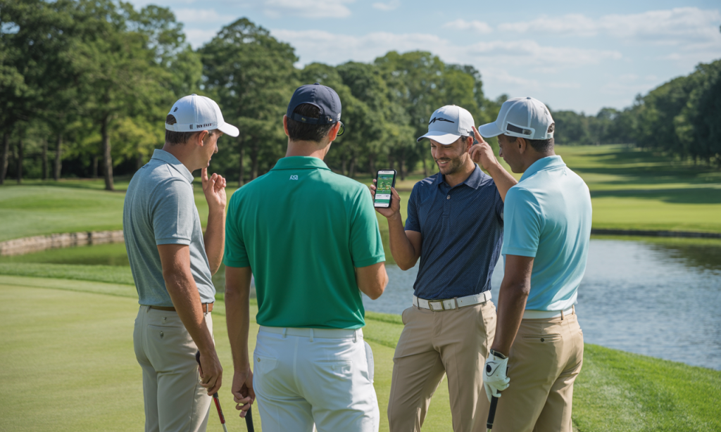 A group debates a score on mobile—classic example of golf rules most amateurs get wrong.