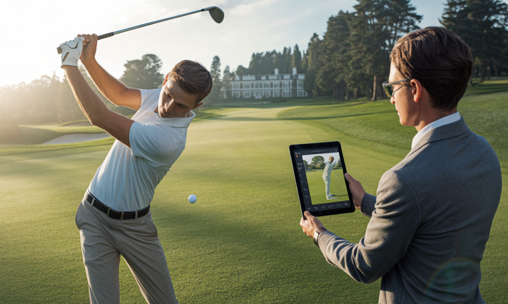 A coach analyzes a player’s smooth transition and control to highlight golf swing tempo.