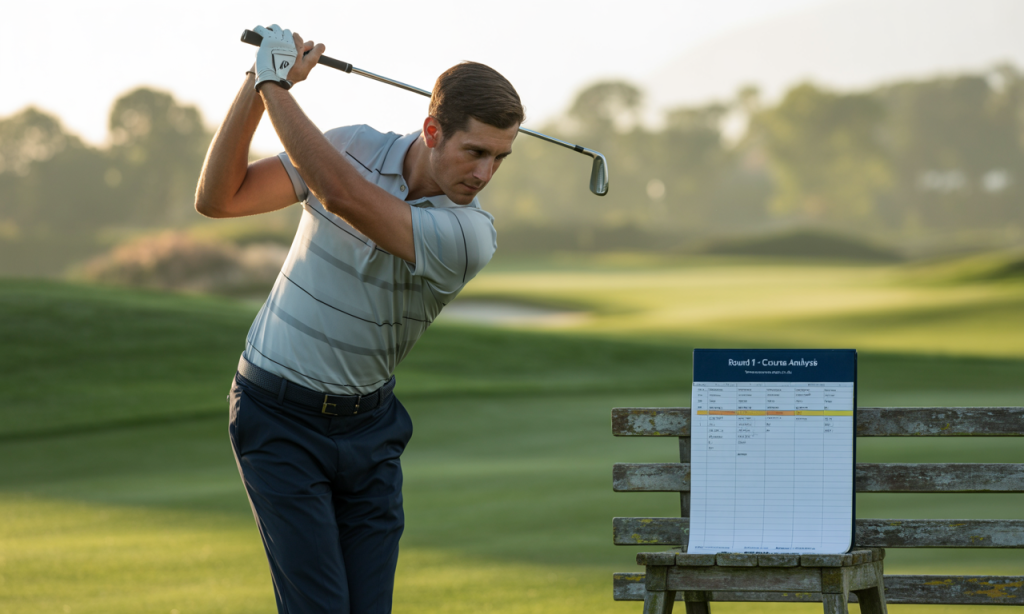 A swing in progress beside a bench with a golf tournament preparation checklist.