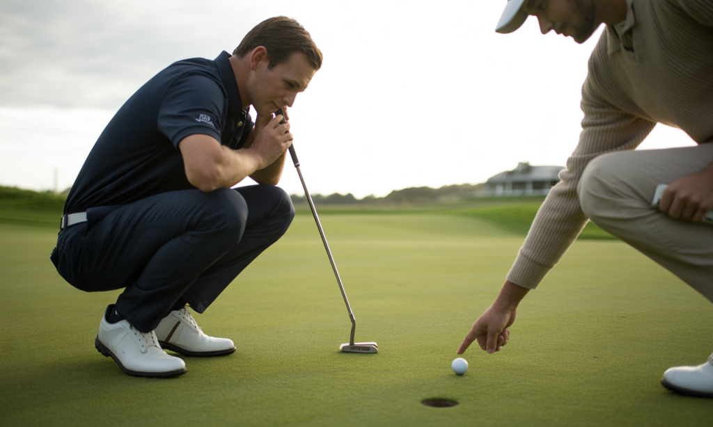 Two players read the slope carefully, discussing how to read golf greens.