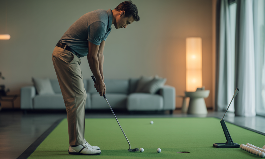 A golfer perfects his putting technique on a green mat to practice golf indoors.