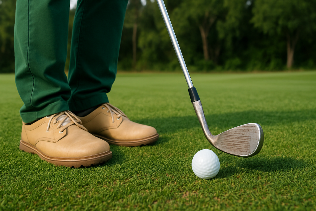 Close-up of a golf club and ball setup for a shot on green grass