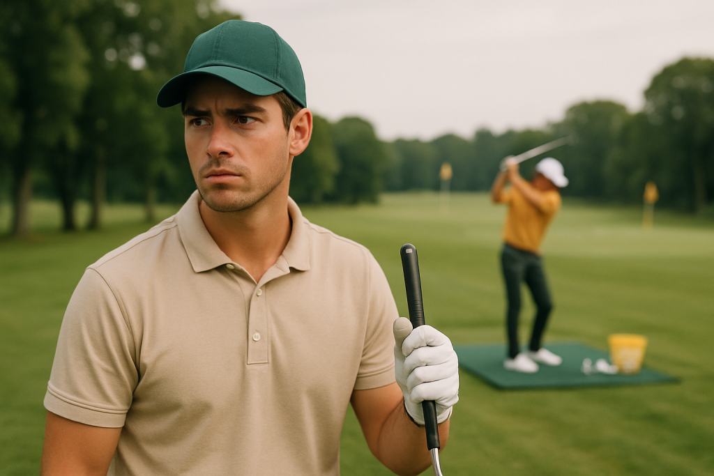 Focused young male golfer preparing for a shot on the driving range