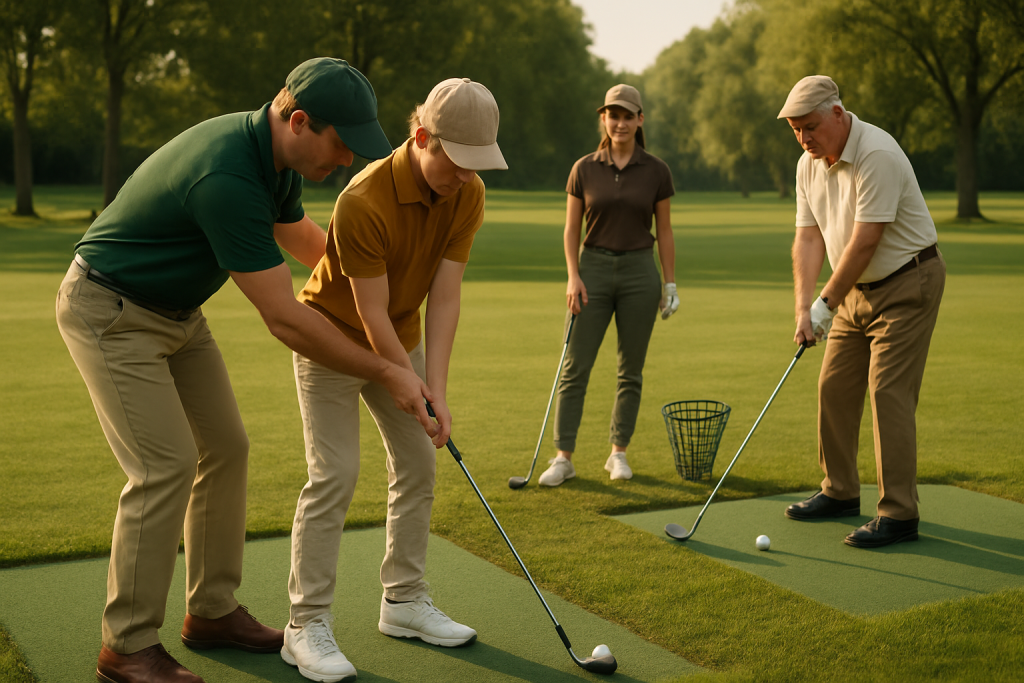 Golf instructor helping a young golfer with swing technique during a group lesson on a sunny course