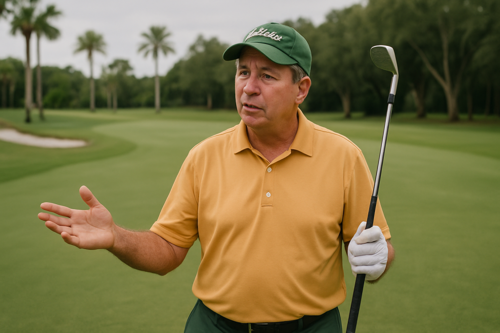 Golf instructor in yellow polo sharing tips and advice on the course