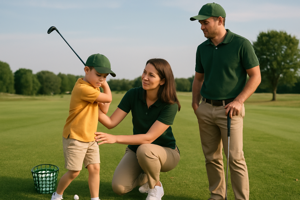 Young child receiving golf swing instruction from parents during family golf lesson