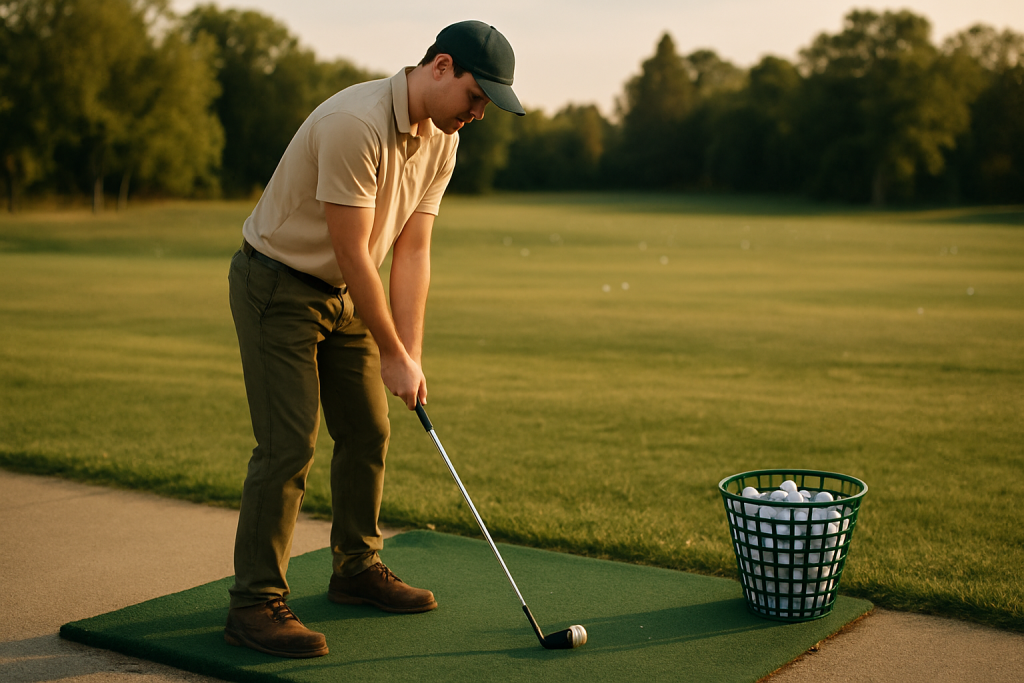 Golfer practicing swings on the driving range at sunset