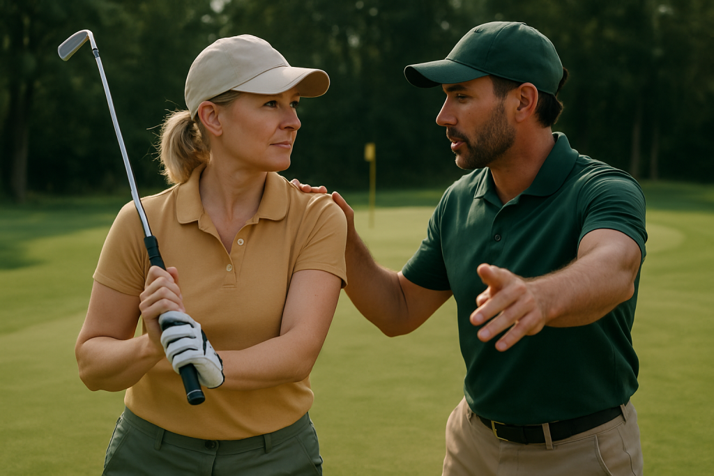 Golf coach giving private lesson and swing advice to a female golfer on the green