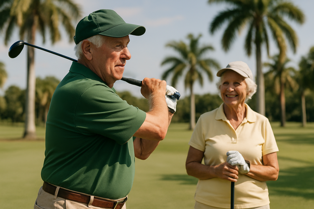 Senior man and woman smiling and enjoying a golf outing on a sunny day