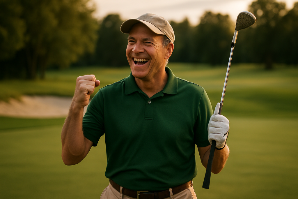 Happy golfer celebrating a successful shot on the green at sunset
