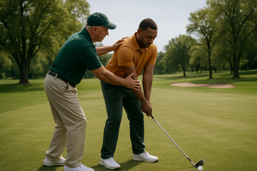 Golf coach correcting a male golfer’s stance and posture on the course