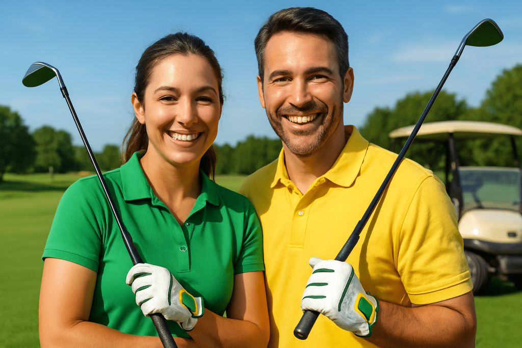 A smiling woman and man, both holding golf clubs and wearing gloves, pose together on a golf course with a golf cart in the background.