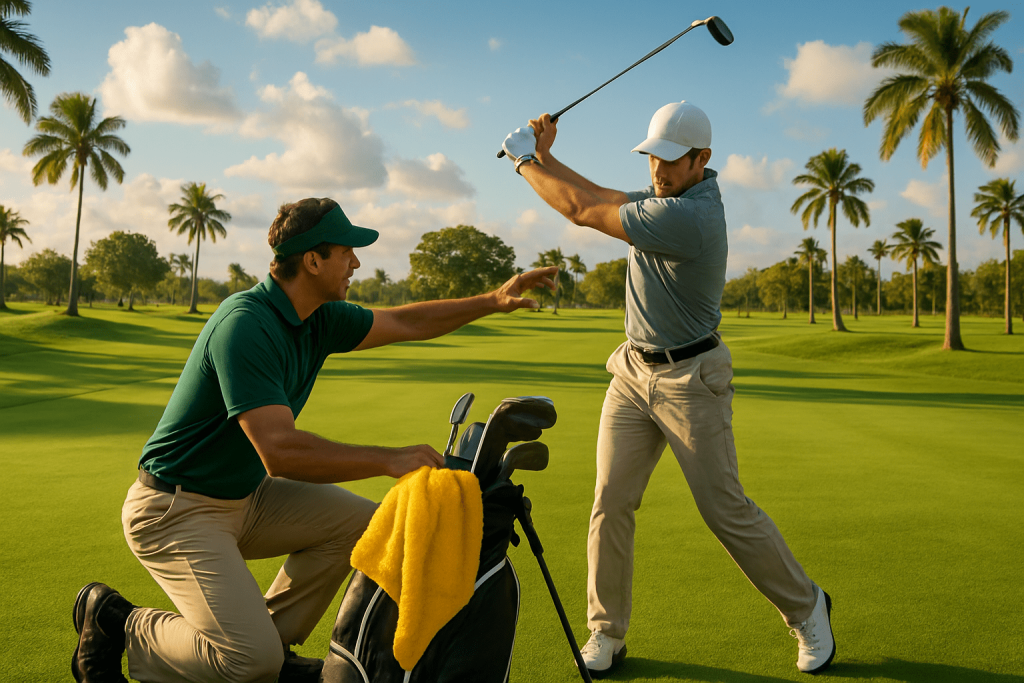 A golf coach kneels next to a golf bag and points as he instructs a golfer mid-swing on a green fairway lined with palm trees.