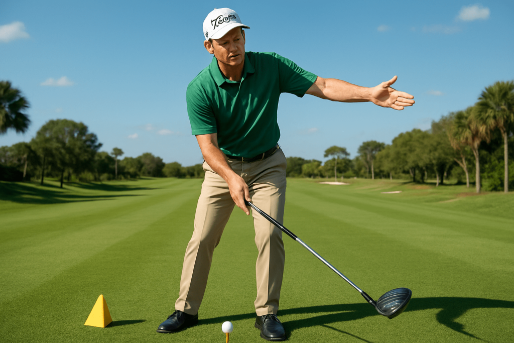 A male golfer in a green shirt and white cap demonstrates a swing stance on the fairway, gesturing with his hand.