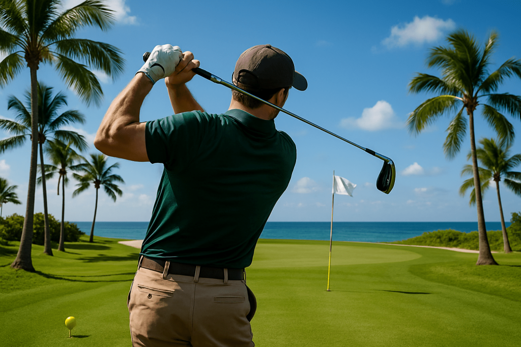 A golfer in a green shirt and cap swings his club on a tropical golf course overlooking the ocean, surrounded by palm trees under a bright blue sky.