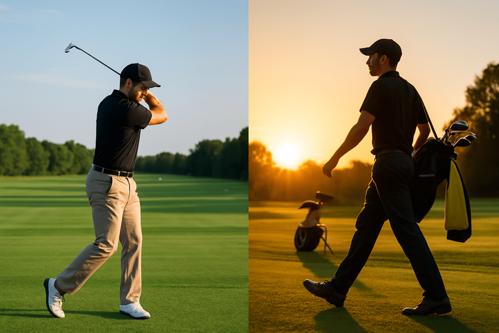 Split image of a golfer taking a swing on a sunny course and walking with a golf bag at sunset.